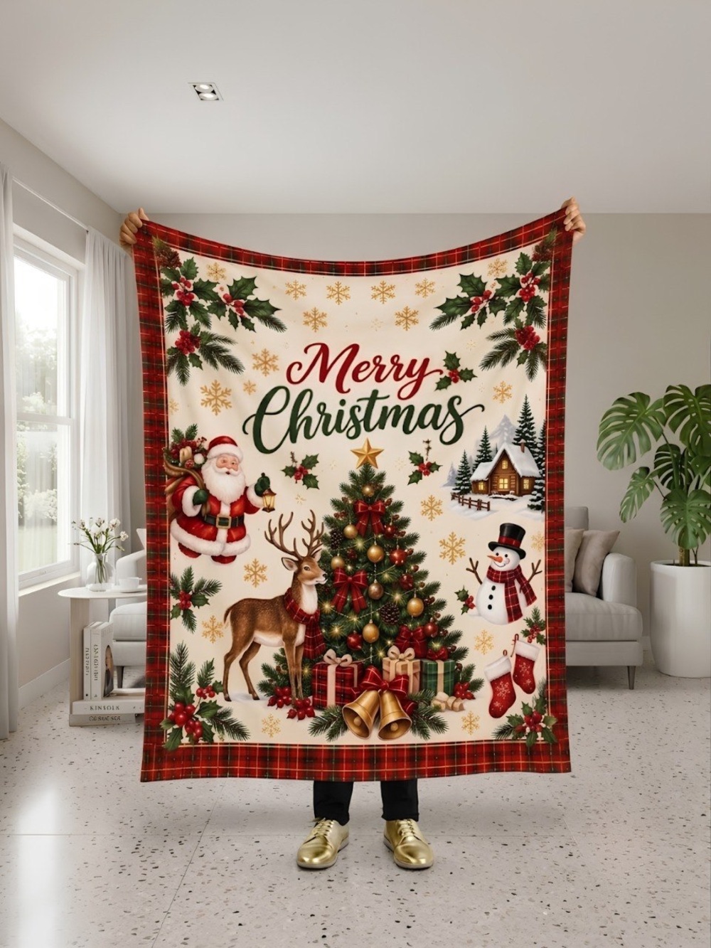 Holiday Merry Christmas Plush Throw Blanket - Red & Cream